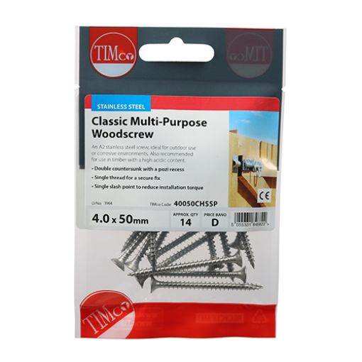 Picture of 4.0 x 50mm Stainless Steel Classic Multi-Purpose Screw PZ2 CSK (14)
40050CHSSP
