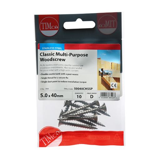 Picture of 5.0 x 40mm Stainless Steel Classic Multi-Purpose Screw PZ2 CSK (10)
50040CHSSP