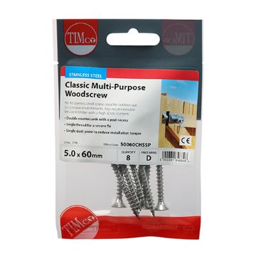 Picture of 5.0 x 60mm Stainless Steel Classic Multi-Purpose Screw PZ2 CSK (8)
50060CHSSP