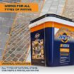 Marketing image for Joint-It Simple paving jointing compound, showing the product tub alongside a variety of paving surfaces, including natural stone, concrete, and porcelain. Text highlights the product’s universal application, stating "Works for all types of paving" and "All types of natural stone, concrete & porcelain paving." The dark blue and orange packaging is prominently displayed with inset images of different paving projects