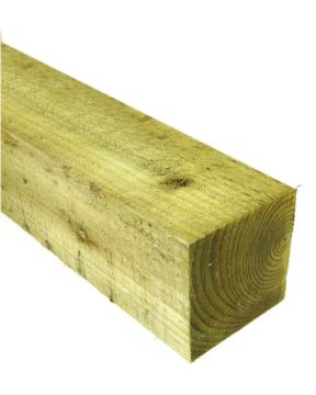 Close-up view of a 75mm x 75mm treated timber fence post, showcasing its natural wood grain and smooth, square-cut ends. Ideal for garden fencing, landscaping, and outdoor construction projects