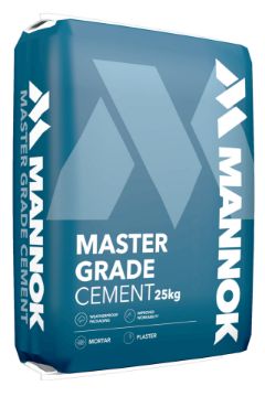 25kg bag of Mannok Master Grade Cement in blue weatherproof packaging, featuring branding and icons highlighting improved workability and suitability for mortar and plaster applications