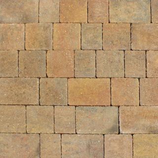 Close-up image of Brett Alpha 50mm block paving in Autumn Gold, showcasing a warm blend of golden, brown, and ochre tones with a tumbled texture. The blocks are laid in a traditional stretcher bond pattern, ideal for enhancing driveways, patios, or garden paths with a rustic finish
