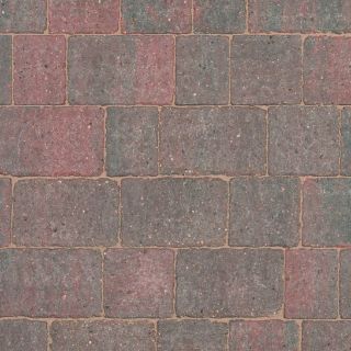 Close-up view of Brett Alpha 50mm block paving in Brindle, featuring a mix of red and charcoal hues with a textured, tumbled finish. The blocks are arranged in a classic stretcher bond layout, ideal for creating a traditional aesthetic on driveways, garden paths, or patios