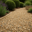Close-up view of a garden path made from 20mm Cerney gravel with cream and honey tones, surrounded by lavender, shrubs, and a stone planter
