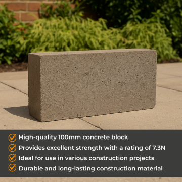 Outdoor photo of a 100mm concrete block on a paved surface, with key product benefits listed beside it including high strength (7.3 N/mm²), durability, and suitability for load-bearing walls. Red brick wall and green shrubs in the background