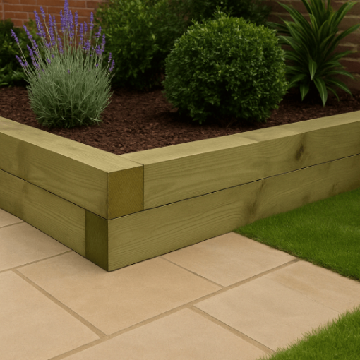 Raised garden bed constructed from pressure-treated timber sleepers stacked neatly on a sandstone patio, surrounded by grass and planted with lavender, boxwood, and leafy shrubs in a landscaped setting