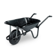 Close-up of Walsall Black HD Wheelbarrow showcasing its 85L pressed steel pan and pneumatic tyre