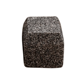 Close-up image of a single dark grey block paving brick with a lightly speckled, textured surface, displayed on a white background for clear product detailing