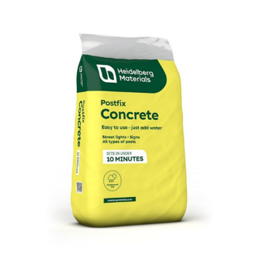 A 20kg bag of Heidelberg Materials Postfix Concrete featuring bold green and yellow packaging. The front of the bag highlights its key benefits: "Easy to use – just add water," suitable for street lights, signs, and all types of posts, and it "sets in under 10 minutes." The bag also features a weatherproof icon and the Heidelberg Materials website