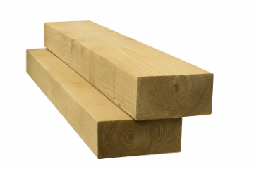 Two pressure-treated softwood sleepers of equal size stacked on top of each other, showcasing a smooth, planed finish with visible wood grain and end rings.