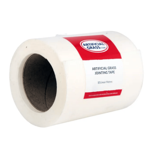 Roll of Artificial Grass Jointing Tape with red and white label, designed for bonding artificial grass seams over a 10-metre length
